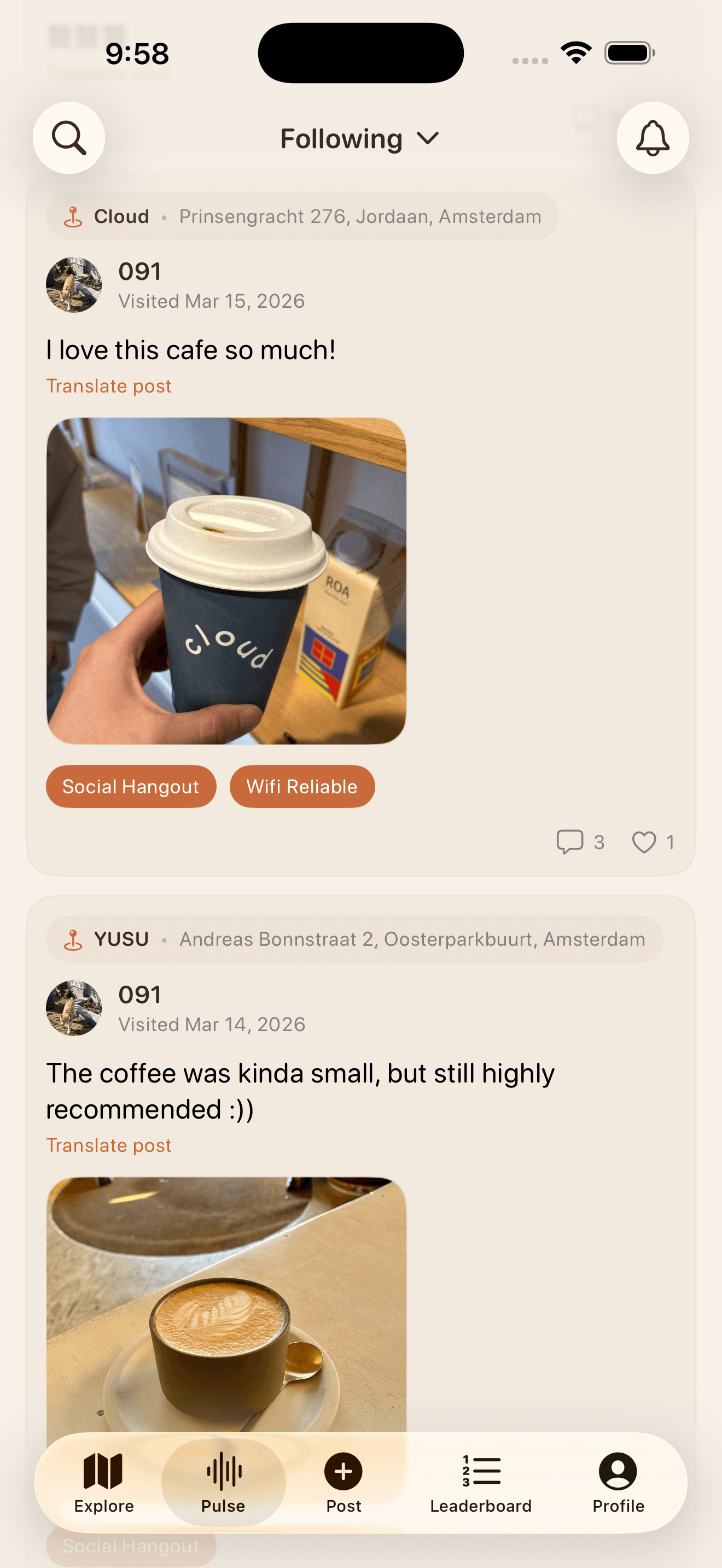 Chiru social feed with cafe posts from people you follow.